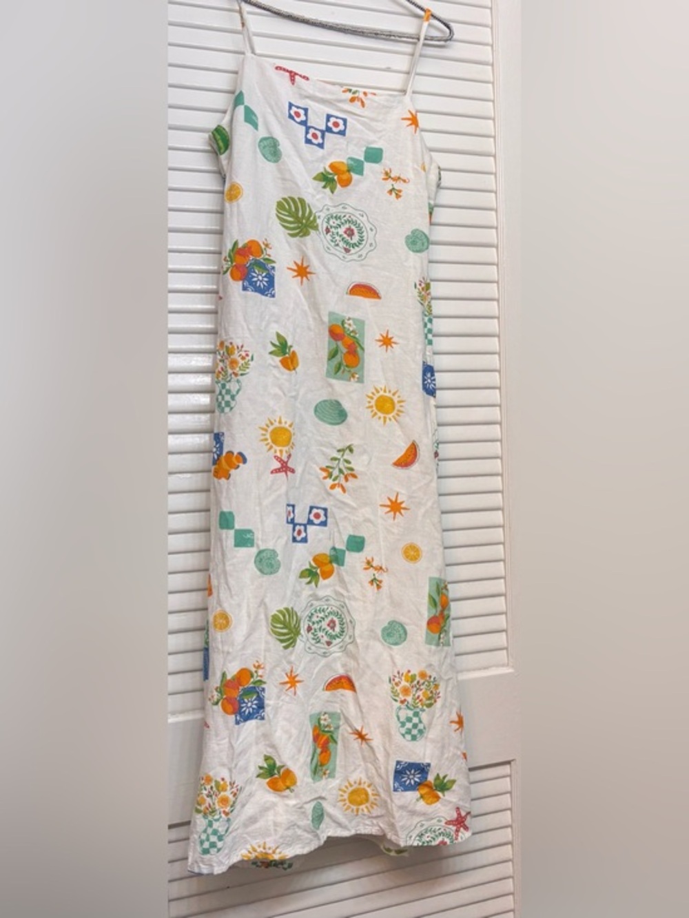 Japna Midi Dress Cream Mediterranean-print with fruits, seashells, floral